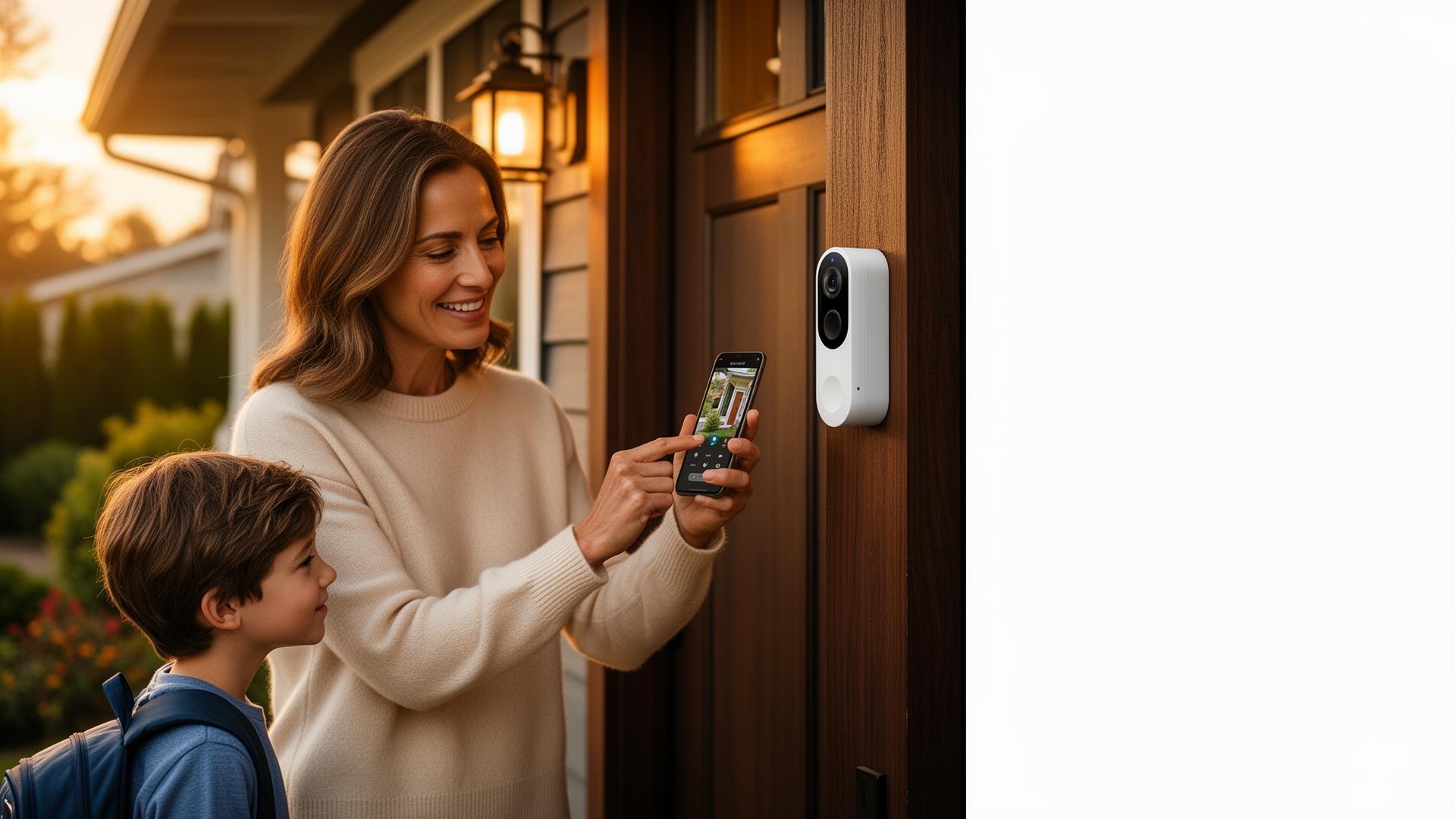 Mom checking Ring doorbell on her phone as her son arrives home from school